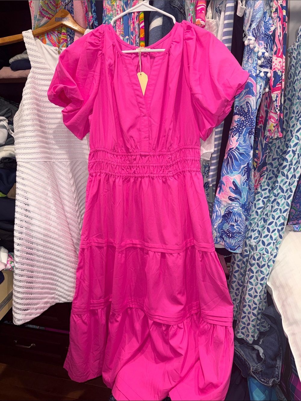 JODIFL Hot Pink Tiered Maxi Dress with Puff Sleeves